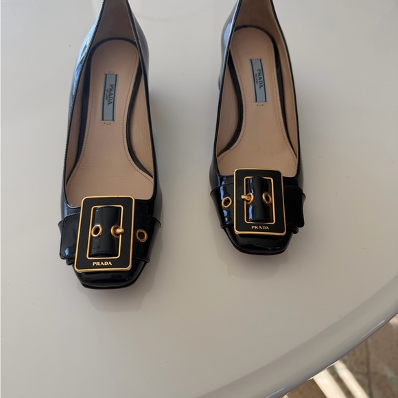 Prada Black Patent Leather Buckle FlatsGold HardwareExcellent Condition